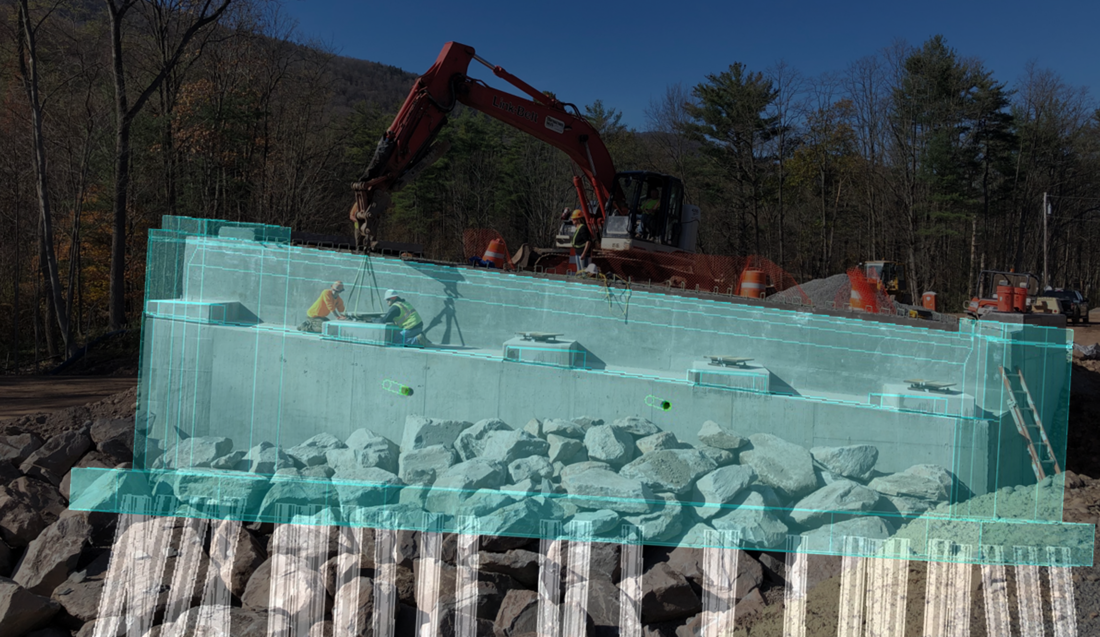 A 3D overlay of an abutment model on top of a real-world photograph.