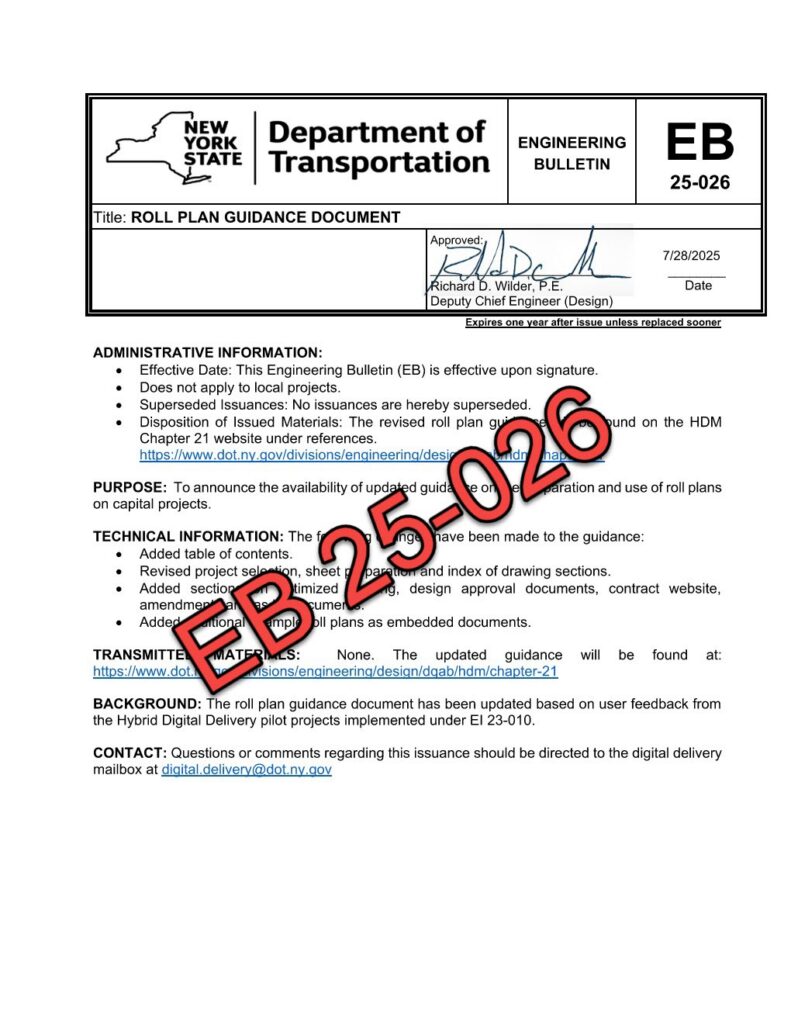 The cover of a NYSDOT Engineering Bulletin about Roll Plan Guidance.