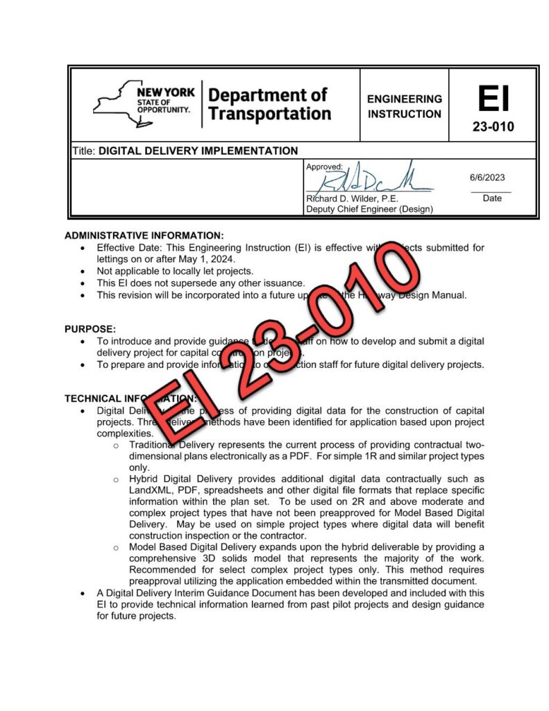 The cover of a NYSDOT Engineering Instruction document about Digital Delivery implementation.