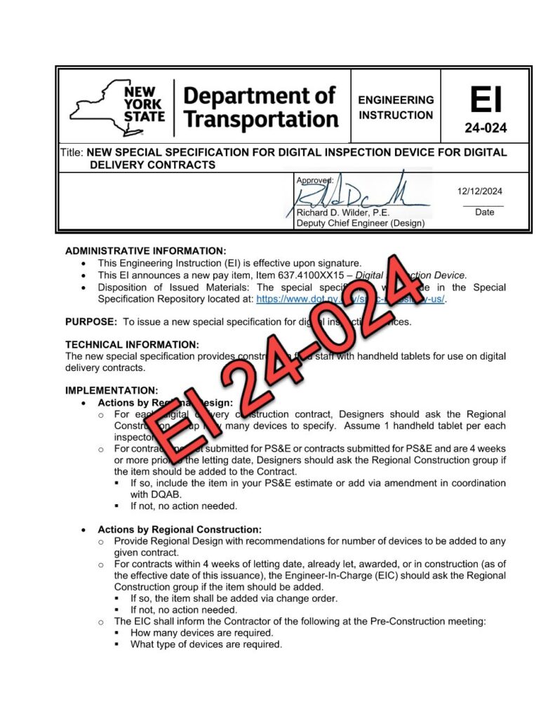 The cover of a NYSDOT Engineering Instruction document about Digital Delivery inspection devices and delivery contracts.