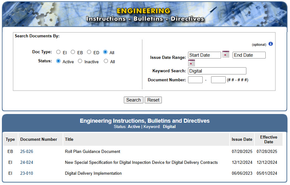A screenshot from the NYSDOT Engineering Instructions, Bulletins, and Directives search tool.