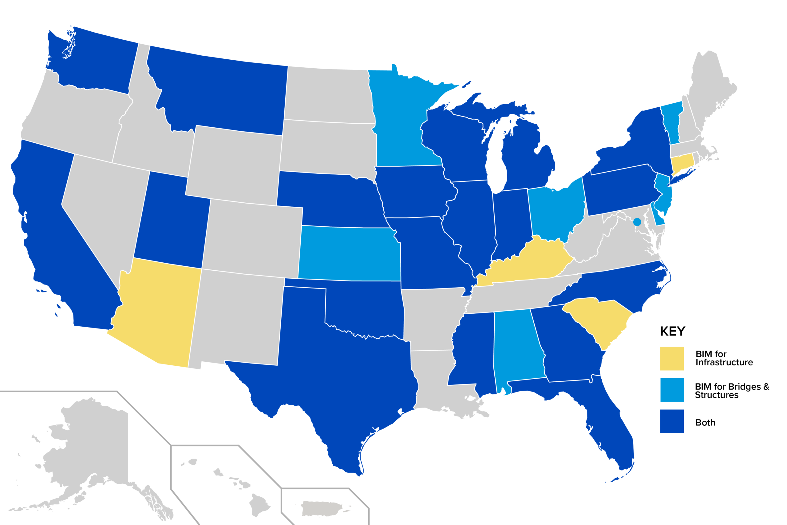 A map of the US depicting which states use BIM for infrastructure, bridges/structures, or both.