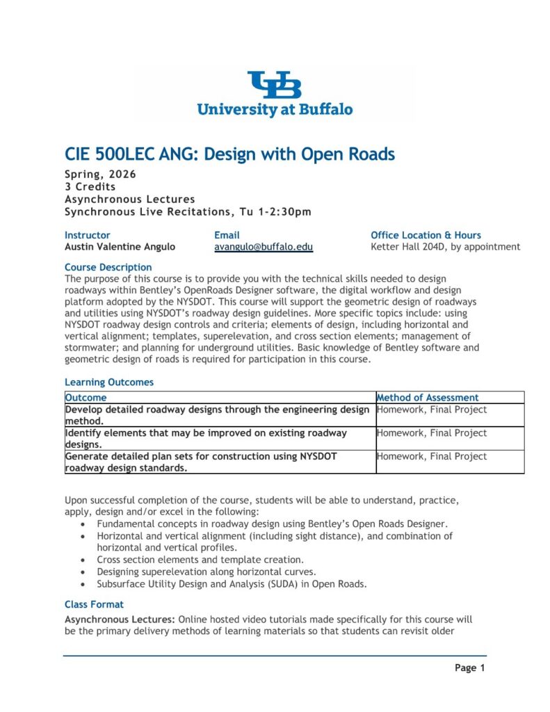 The first page of a syllabus from the University of Buffalo describing a course on Open Roads software.