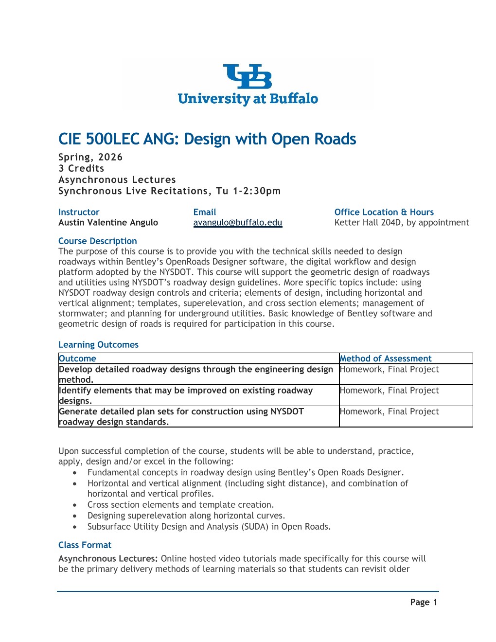 First page of the 2026 University at Buffalo course syllabus for Open Roads Designer software, developed as part of the ADCMS workforce development initiative. Click to download PDF.