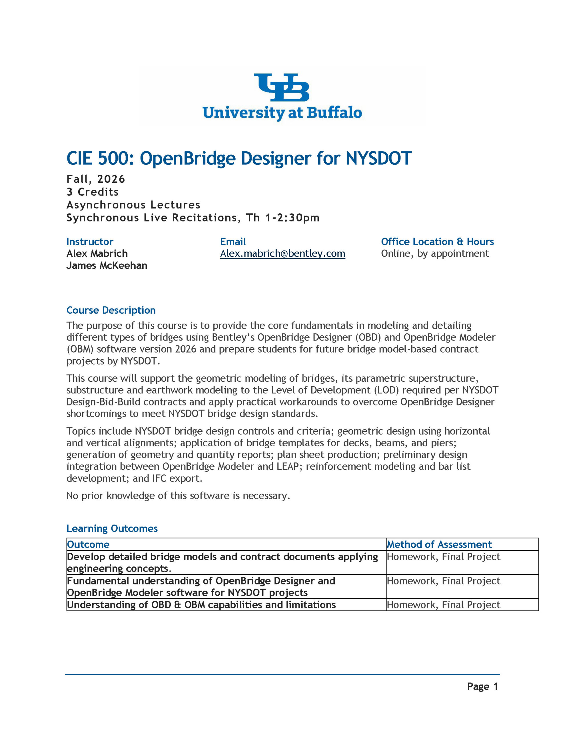 First page of the 2026 University at Buffalo course syllabus for Open Bridge Designer software, developed as part of the ADCMS workforce development initiative. Click to download PDF.